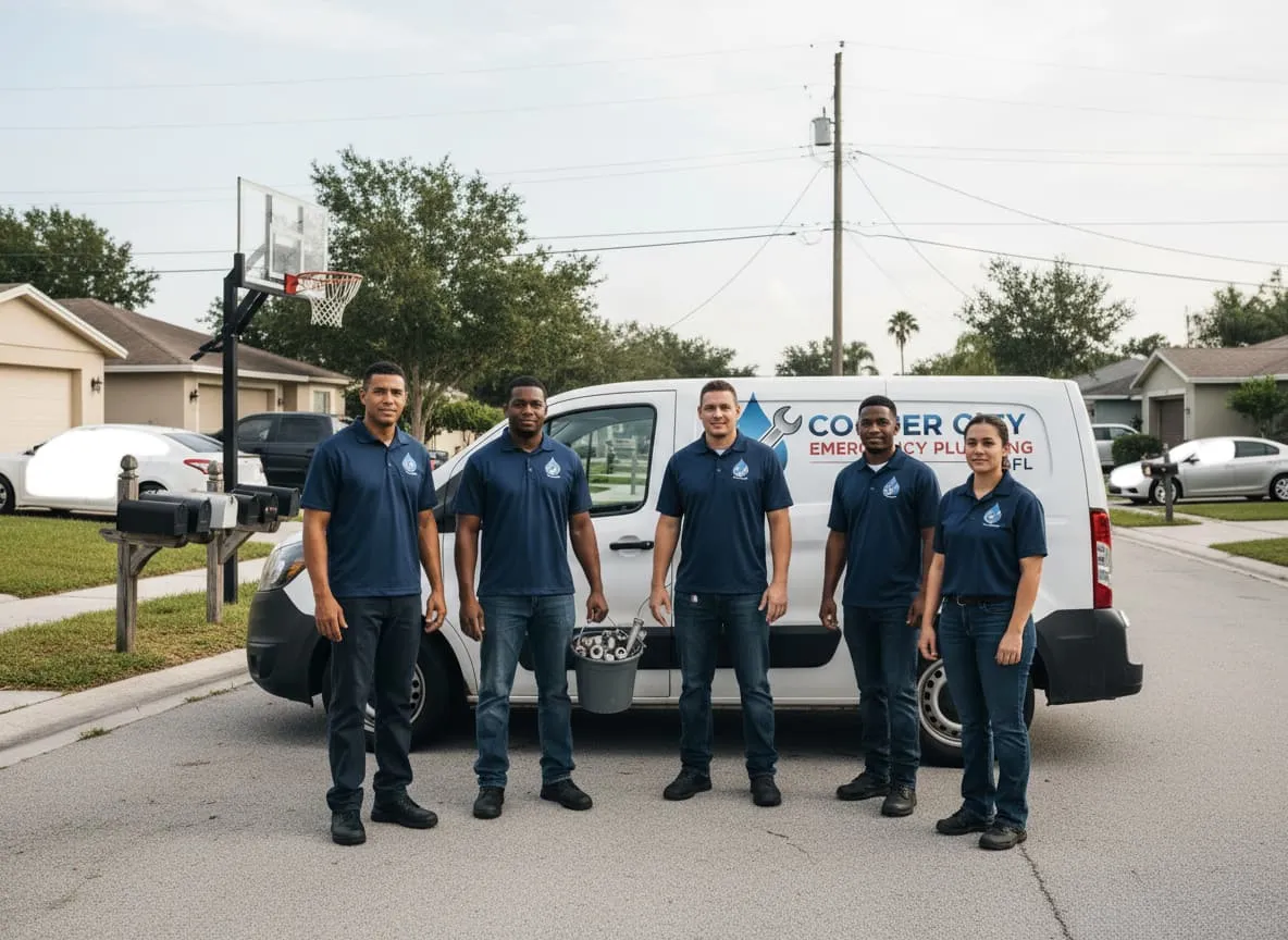 Plumbing technicians in navy polo shirts standing beside a company service van on a quiet residential street in the early morning