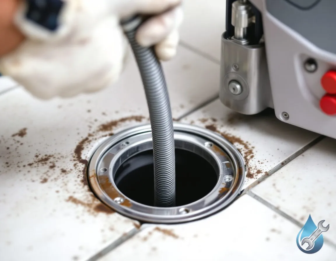 A plumber’s gloved hand feeding a drain-cleaning auger cable into a floor cleanout in a utility room
