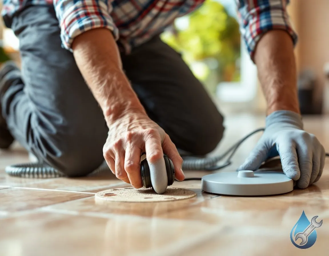 A handheld acoustic leak-detection device with headphones, held against a tile floor